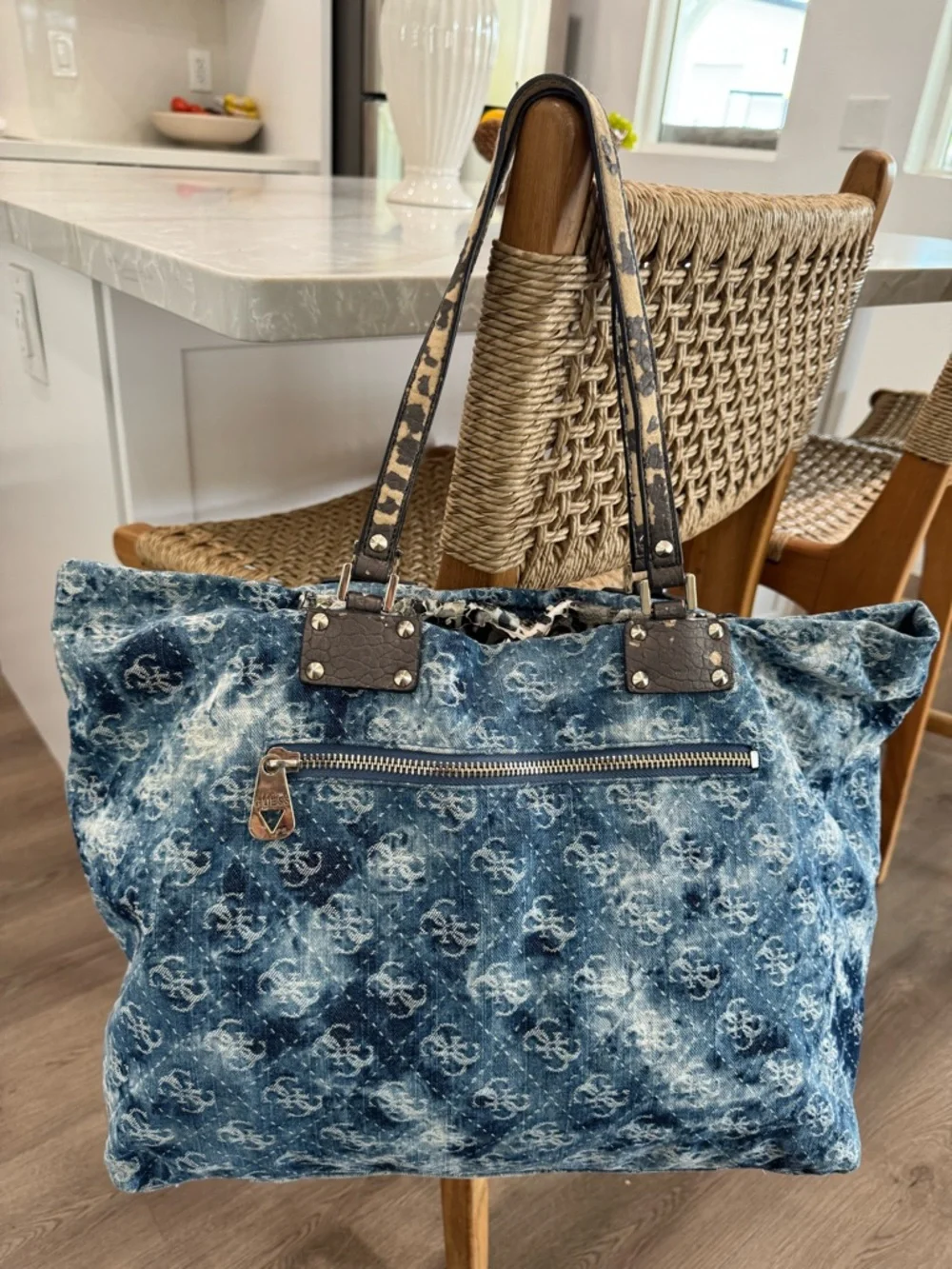 Vintage GUESS Blue Denim Logo Print Large Monogram Y2K Tote Shoulder Bag-READ